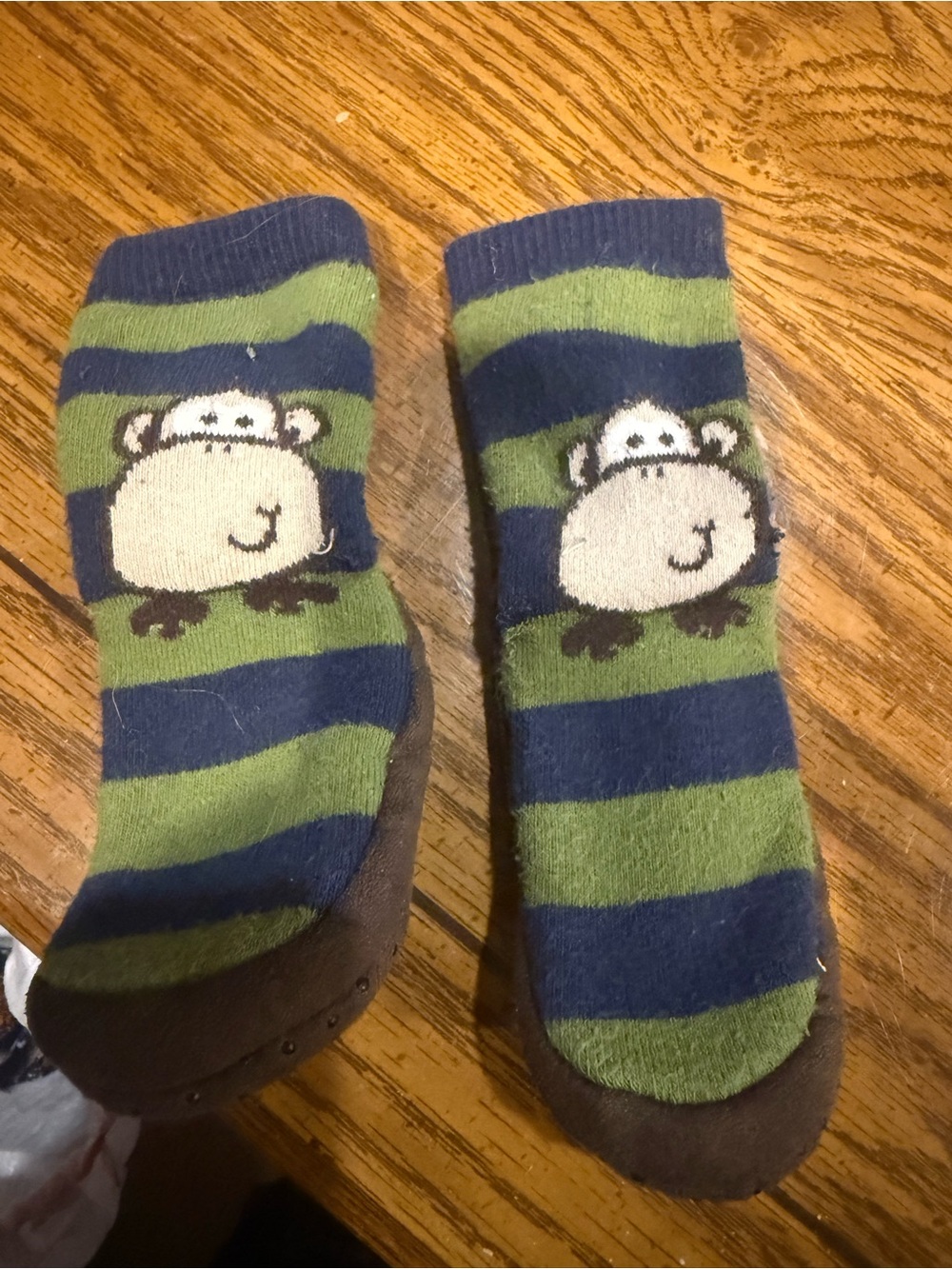 6 for $10 Kids Non-Slip Monkey Socks - Blue & Green Stripes